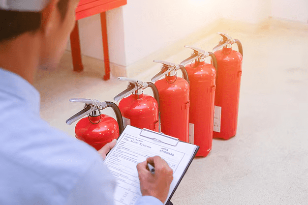 midsection-male-inspector-examining-fire-extinguishers-floor_1048944-18077894